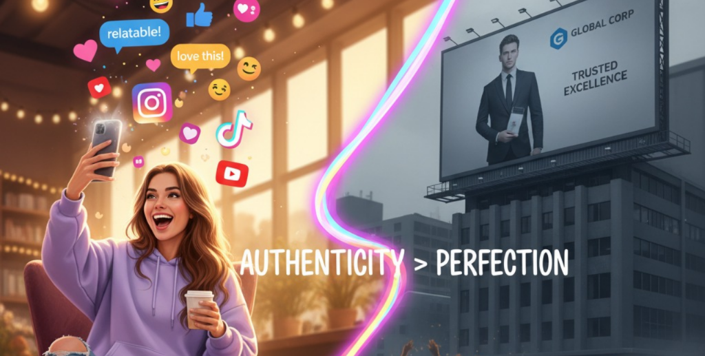 In the foreground, show a young Gen Z influencer (around 20–25 years old) recording a video on their smartphone, surrounded by glowing social media icons — TikTok, Instagram, YouTube. They should appear authentic, cheerful, and relatable, with casual attire and a cozy background like a bedroom or café setup.

In the background, show a traditional corporate brand billboard or office, dull and formal, symbolizing outdated marketing. The influencer should be clearly drawing more attention — symbolized by a crowd of people or digital likes/hearts floating toward them, while the brand side appears ignored.

Use vibrant, youthful colors (pink, blue, purple, neon tones) to represent energy and creativity. Include subtle elements like chat bubbles, emojis, and hashtags to capture Gen Z’s social media vibe.
