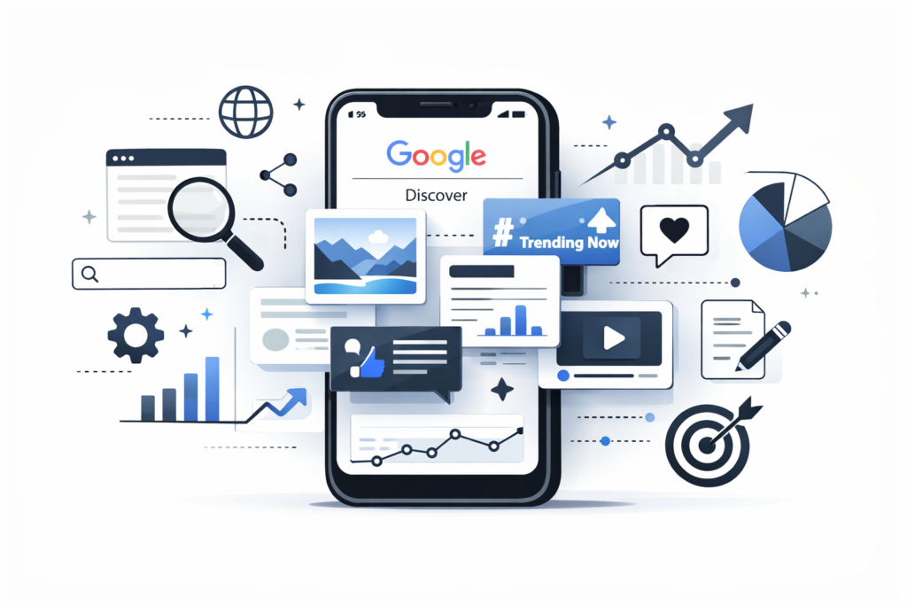 Minimalistic digital marketing illustration showing a smartphone displaying the Google Discover feed with content cards floating out of the screen, surrounded by SEO icons, analytics graphs, trending arrows, search symbols, and content elements on a white background with black and subtle blue accents.