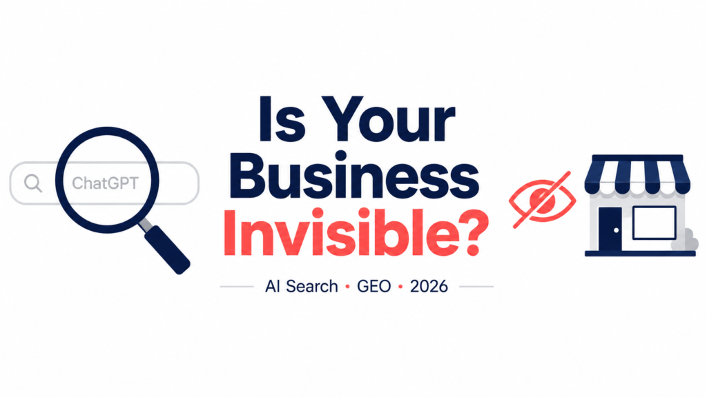 How my Business can get Visibility in ChatGPT? The New SEO Checklist for 2026 Create a clean, horizontal flat-design banner (16:9 ratio) with a white background. On the left side, a simple magnifying glass icon over a search bar with the text "ChatGPT" faintly visible. On the right side, a red "invisible" icon (eye with a strikethrough) next to a small business storefront icon. In the center, bold minimal typography: "Is Your Business Invisible?" Below it, a smaller subtext: "AI Search · GEO · 2026". Use a muted color palette of deep navy blue, coral red, and light grey. No gradients. Flat icons only. Professional and editorial feel.